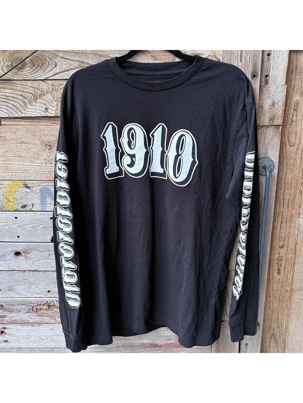 1910 Black Long Sleeve Graphic Tee with Sleeve Print